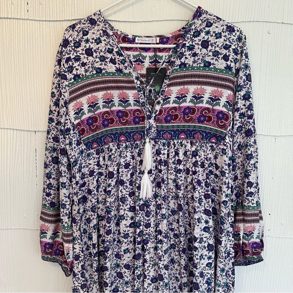 NWT R Vivimos Cotton Rayon Floral Bohemian Flowy Midi Dress Boho Hippie S 4/6